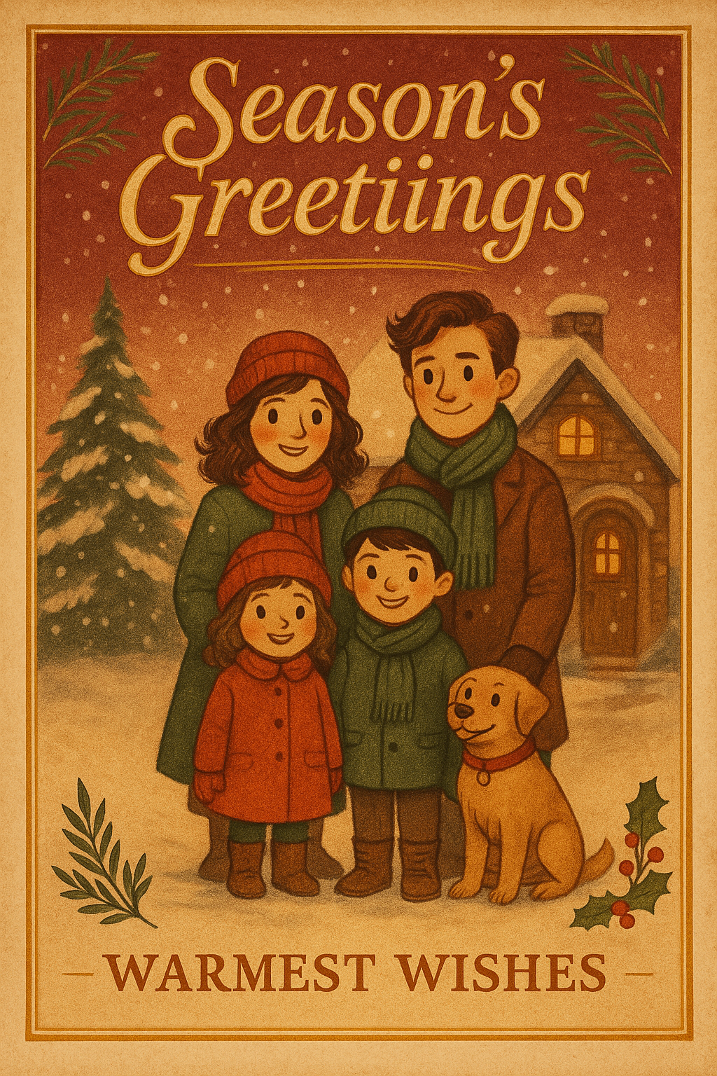 Custom Vintage Season’s Greetings Family Christmas Card – Illustrated From Your Photo – Cozy Cottage + Dog – 10-Pack