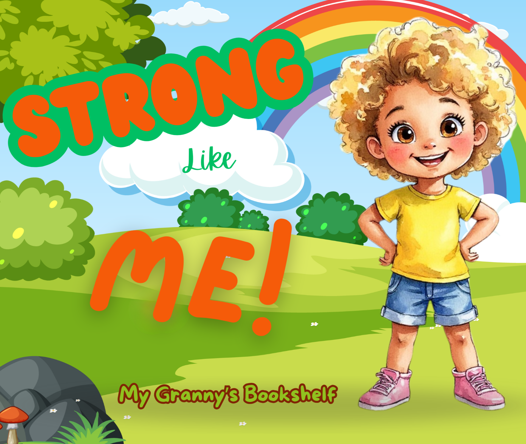 Book cover of 'Strong Like Me!' with a child character, rainbow, and nature background. personalized childrens book
