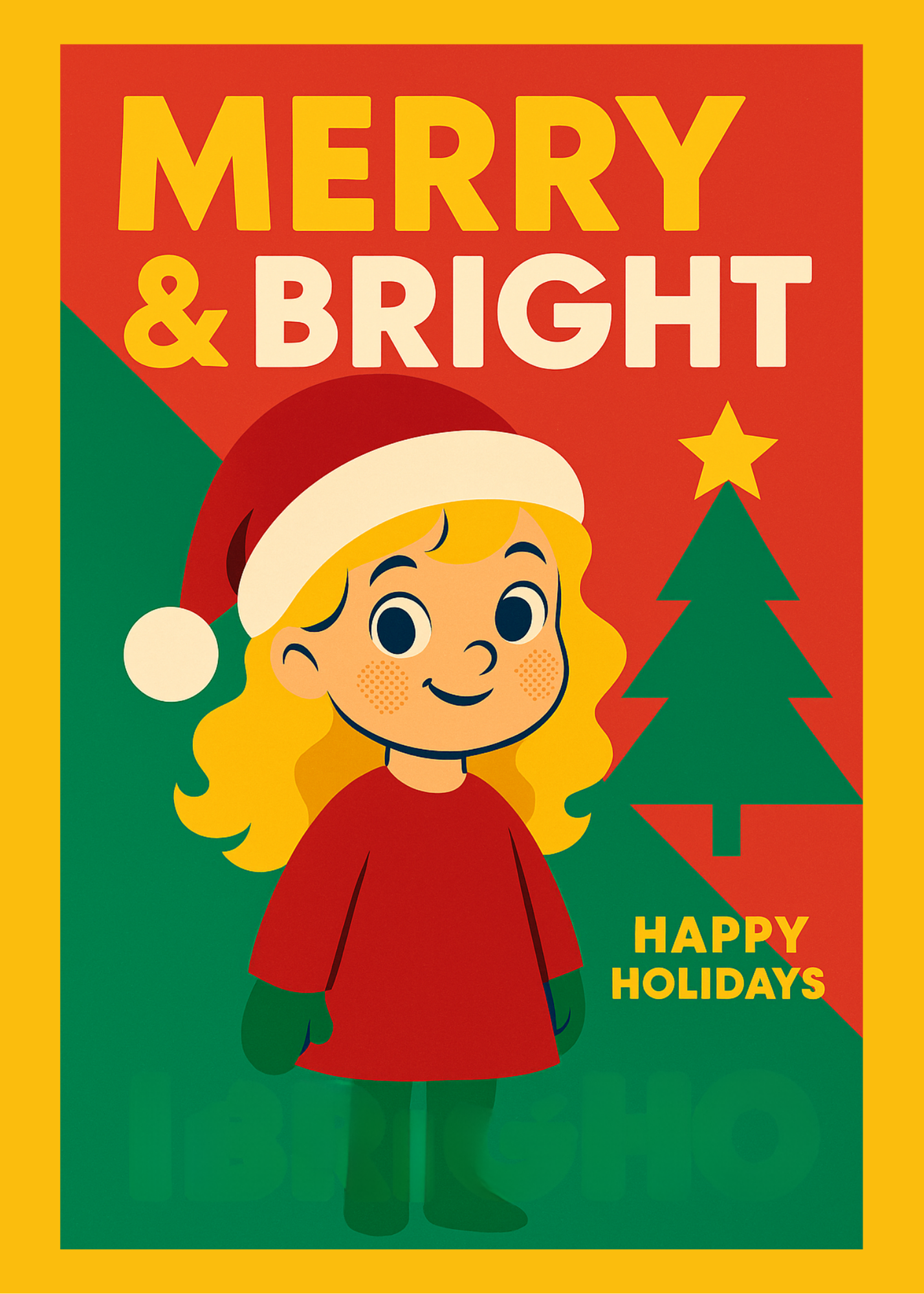 Personalized Retro-Modern “Merry & Bright” Christmas Card – Illustrated From Your Child’s Photo – 10-Pack