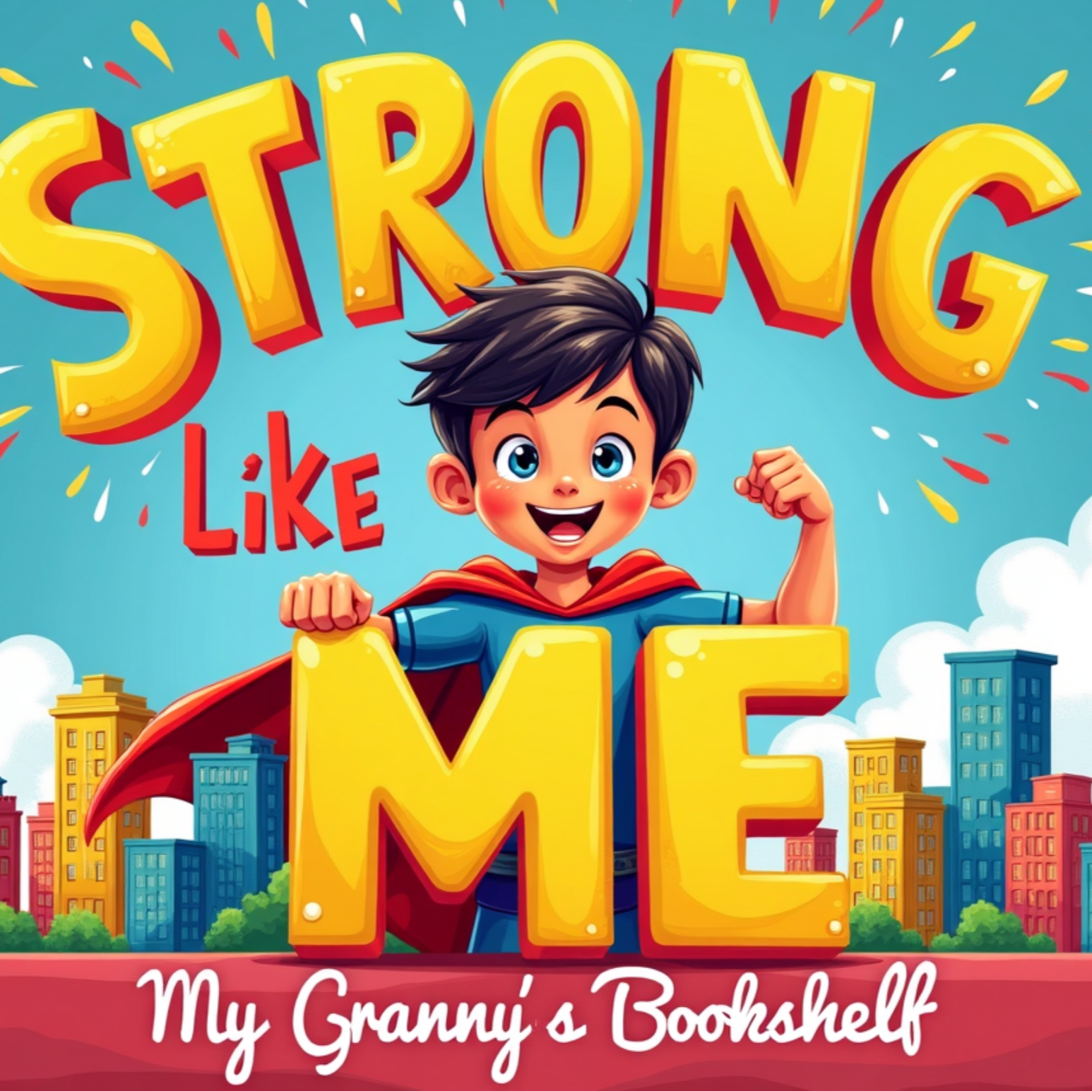 Book cover of 'Strong Like Me' with a child superhero character and cityscape background.
